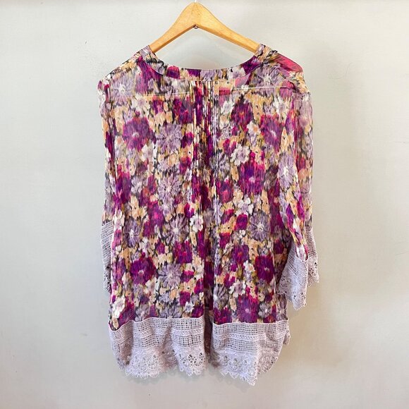 Sundance Womens Multicolor‎ Printed Silk Blouse W/ Lace Trim Bell Sleeves Size M - Picture 7 of 7